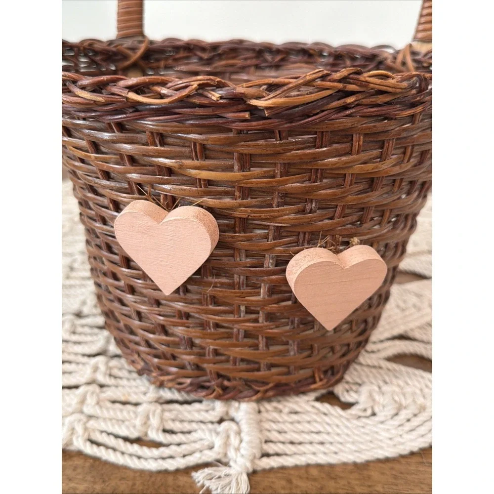 Wall Hanging Basket Heart Motif Bow Handle Cottage Country Grandmacore Cabin
